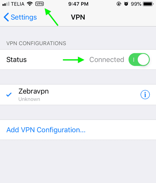 Screenshot of a successful VPN connection on an iOS device