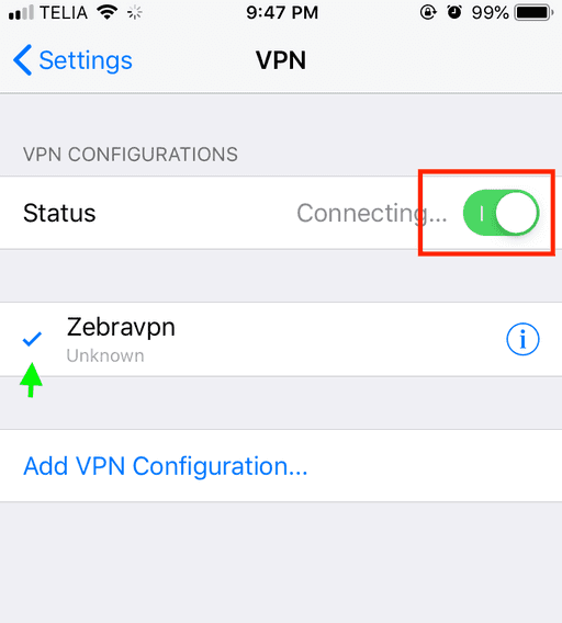 Screenshot of selecting the new VPN configuration and turning it on in the VPN settings on an iOS device
